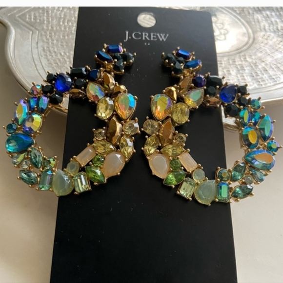 NWT J CREW WREATH CIRCLE RHINESTONE GEMSTONE DARK SEA GREEN EARRINGS - Picture 2 of 14